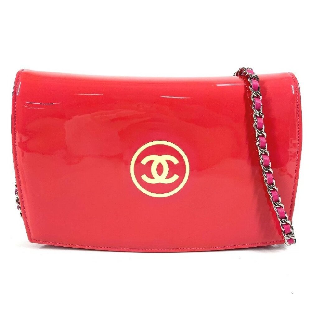 CHANEL Makeup Shoulder Bag Crossbody Long Wallet Patent Leather pink